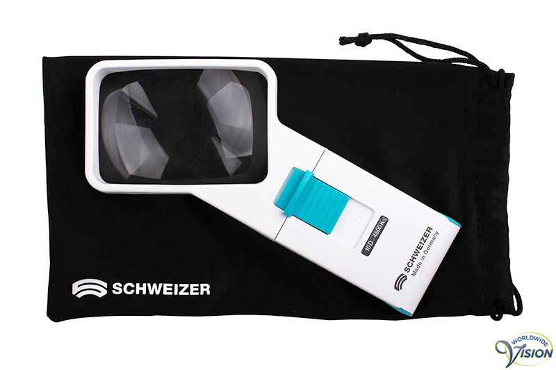 Schweizer Ökolux+ Mobile LED handlichtloep rechthoekig met gekantelde lens, vergroot 2,5 maal