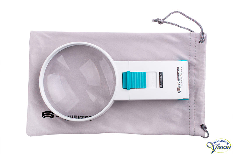 Schweizer Ökolux+ Mobile LED hand magnifier, 3 X magnification, lens 70 mm