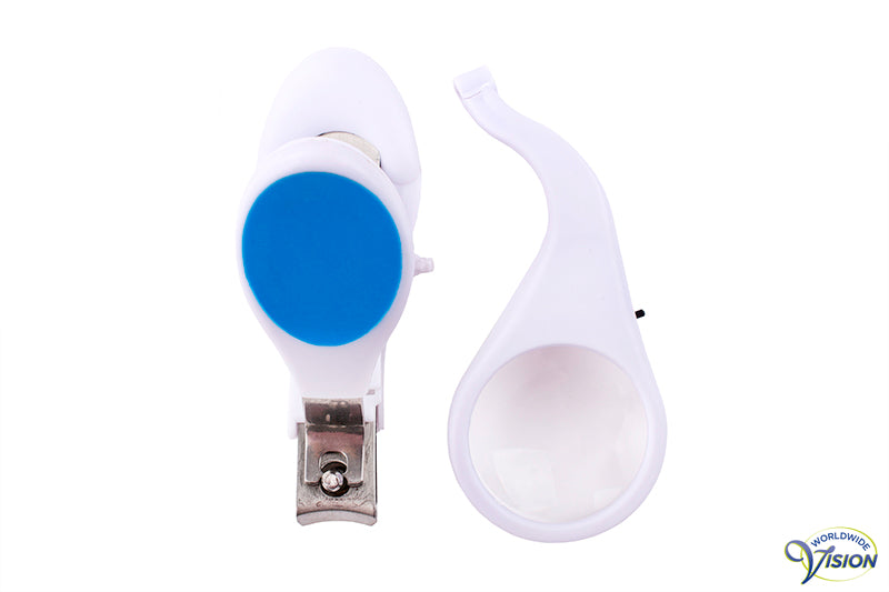 Nail clipper with magnifier and illumination, magnifies 3 X