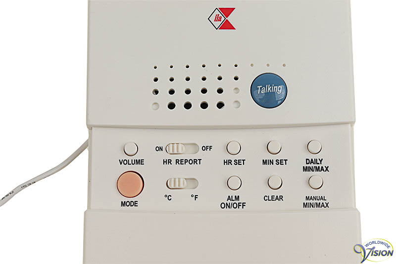 Thermometer with clock, English speaking, for indoors and outdoors