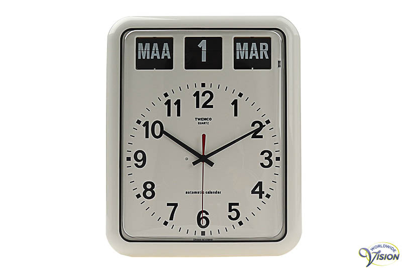 Twemco BQ-12A kalenderklok voor slechtzienden met analoge, witte wijzerplaat en datum aanduiding.