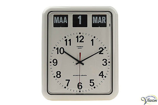 Twemco BQ-12A kalenderklok voor slechtzienden met analoge, witte wijzerplaat en datum aanduiding.