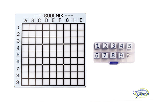 Sudomix voor blinden, bord met diepliggende velden en magnetische cijfers in braille