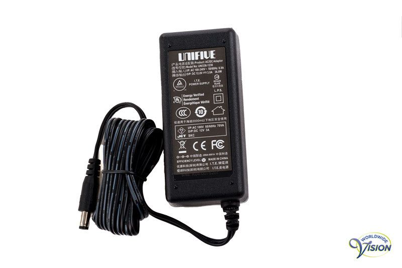 Adapter 12 Volt/3A, voor de Daisyspelers Plextalk PTN1, PTN1 PRO, PTN2, Linio en Linio TV.