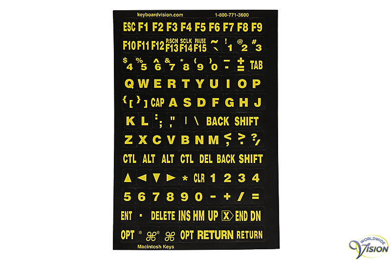 Toetsenbord stickers gele karakters zwarte achtergrond