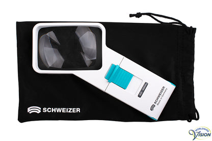 Schweizer Ökolux+ Mobile LED hand magnifier rectangular with angled aspheric lens, 2.5 X magnification