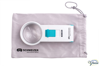 Schweizer Ökolux+ Mobile LED hand magnifier, 6 X magnification, lens 55 mm