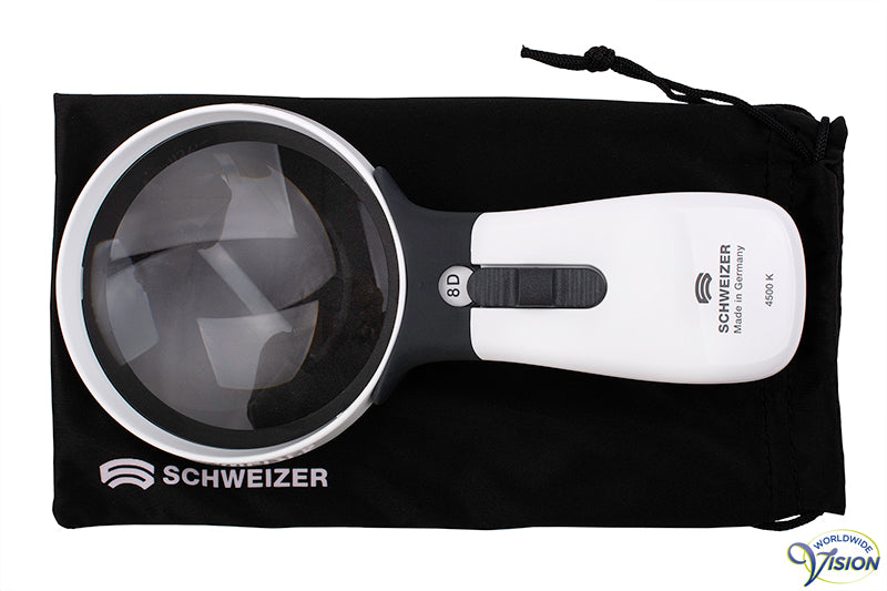 Schweizer ERGO-Lux MP Mobile LED hand magnifier, 2 X magnification, lens 85 mm