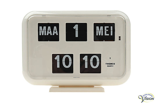 Twemco QD-35 kalenderklok met digitale, witte valcijfers en datum aanduiding