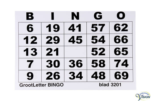 Bingoblok in grootletterschrift, met 100 verschillend, genummerde vellen