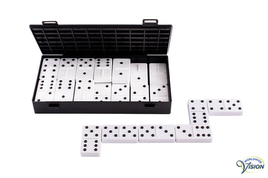 Domino van witte kunststof met zwarte, opliggende punten
