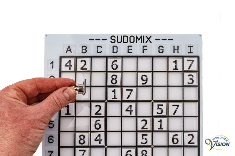 Sudomix for the blind, board with deep-lying surfaces and magnetic figures in braille