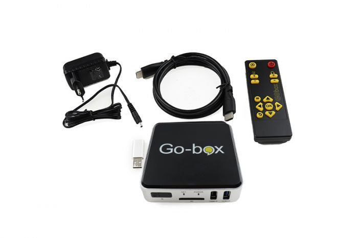 Go-box TV-subtitle device reads out all stations, live programms, HD DVD's, missed programme, Netflix and Videoland.