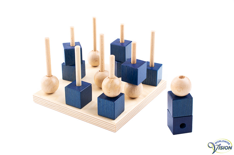 Drie op een rij, driedimensionaal houten spel